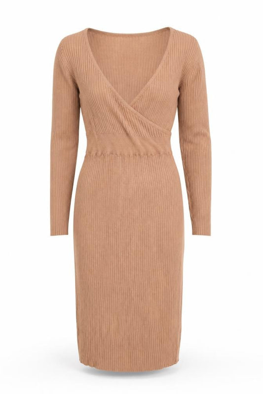 Front view of Brave Soul women’s brown striped jumper dress, size S