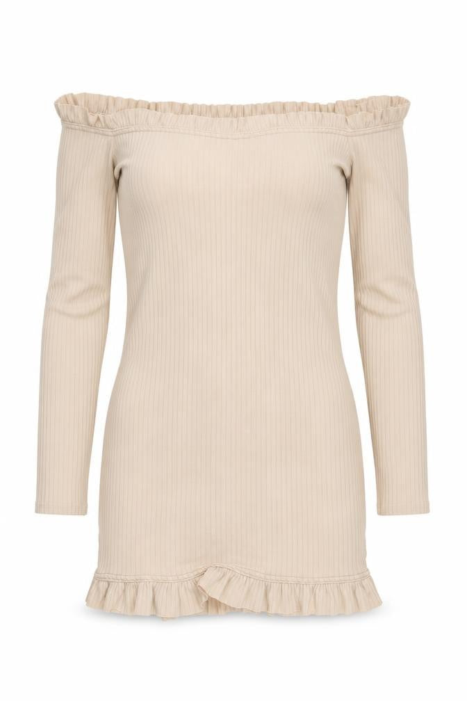 Front view of Missguided women’s beige striped bodycon, size UK 4