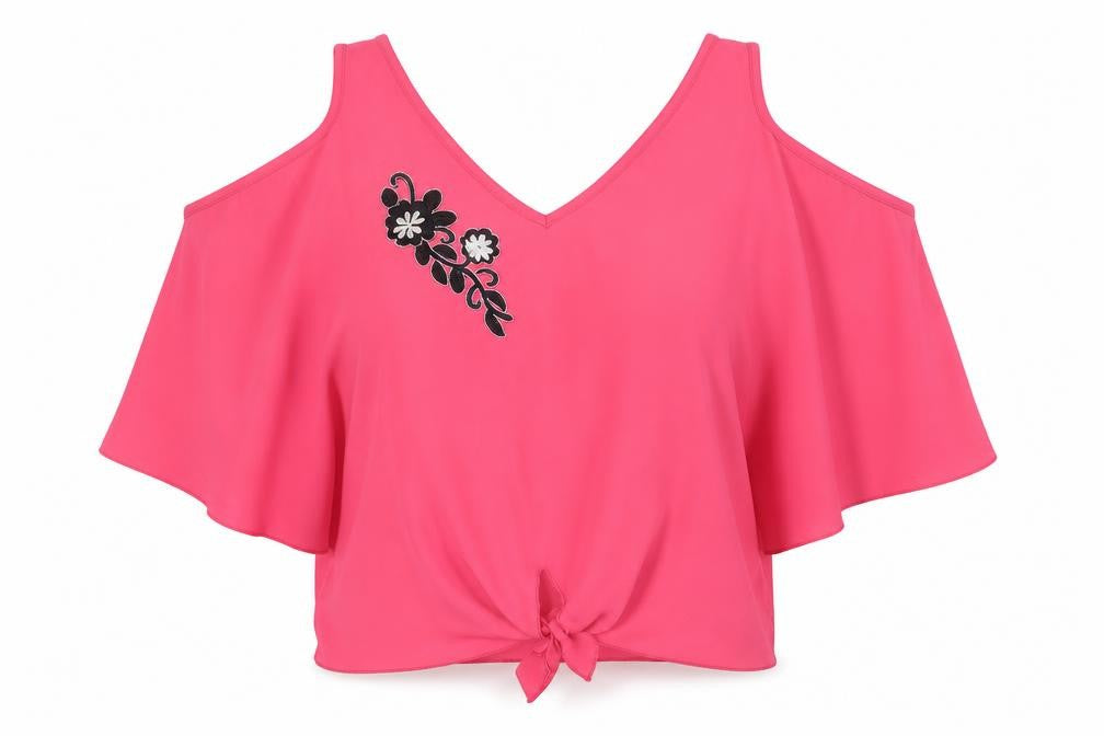 Front view of Preworn women’s pink floral basic blouse, size M