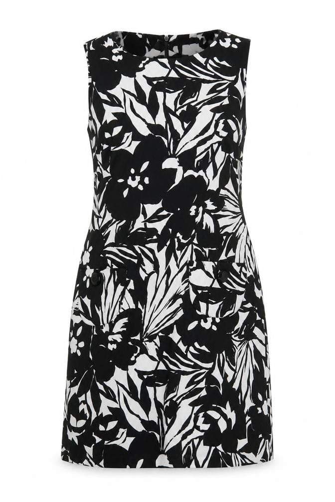 Front view of Scarlett women’s black floral shift, size UK 8