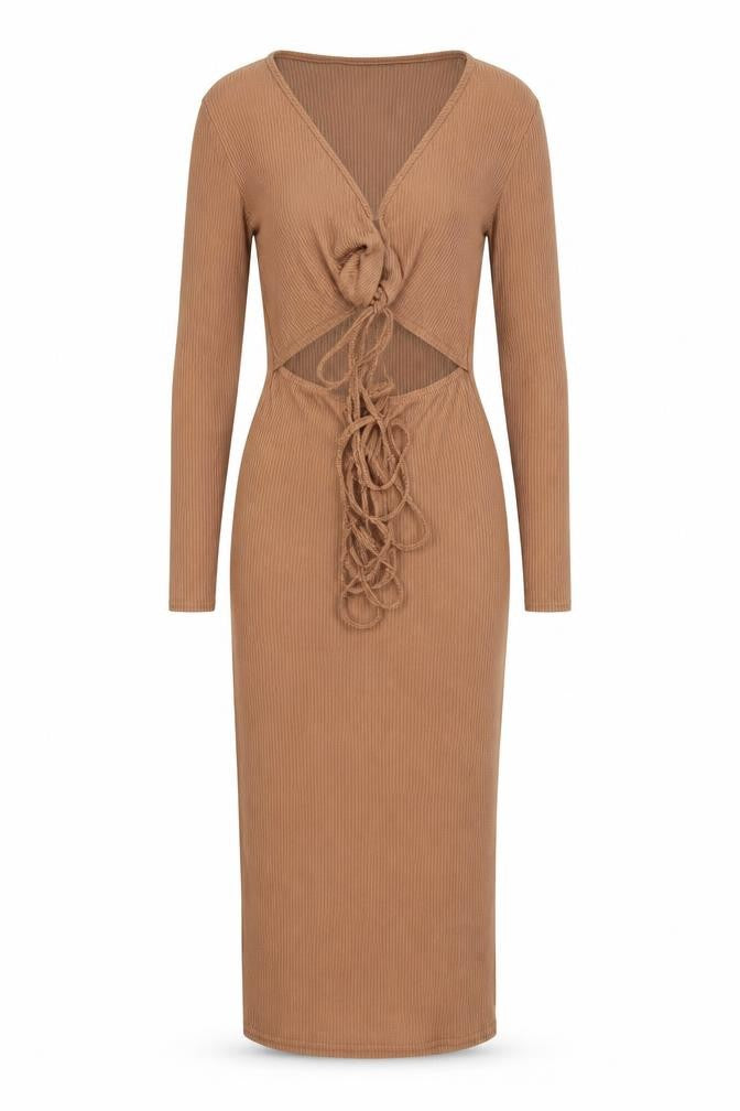 Front view of PRETTYLITTLETHING women’s brown striped bodycon, size UK 6