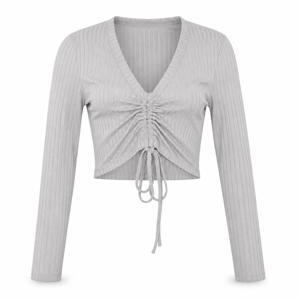 Front view of Preworn women’s grey striped basic blouse, size M