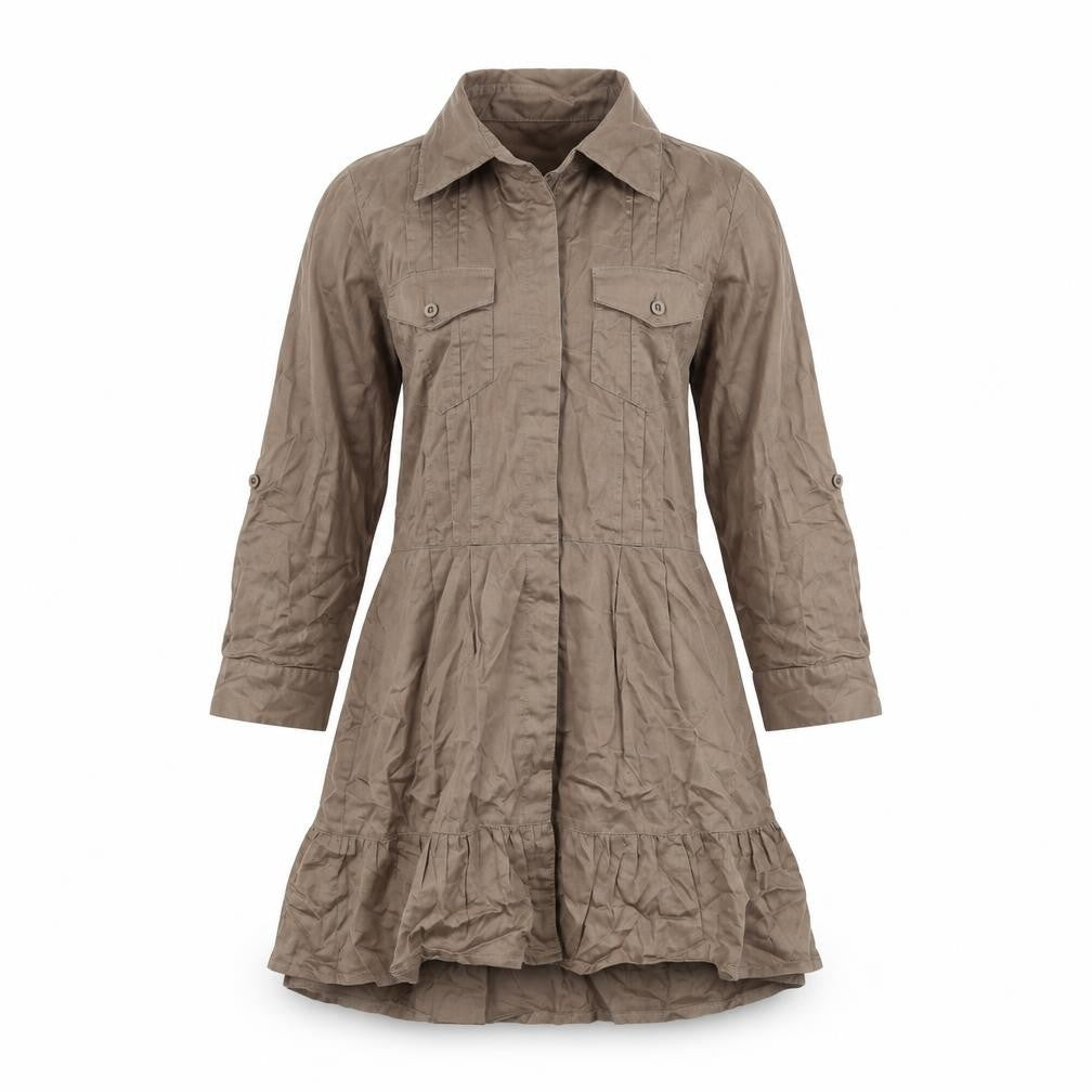 Front view of k.a.t women’s brown basic button-up, size S