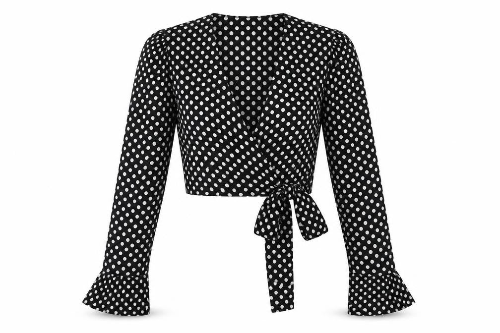 Front view of In the Style women’s black polka dot basic blouse, size UK 8