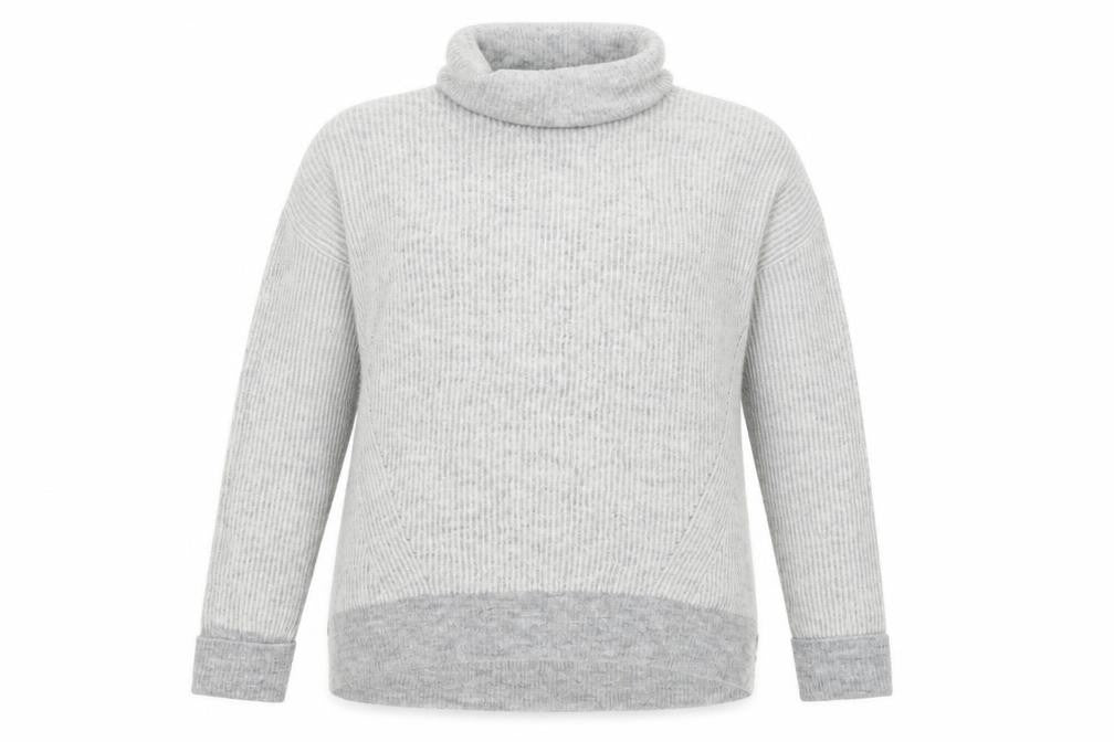 Front view of Primark women’s grey striped knit jumper, size UK 12, - oversized
