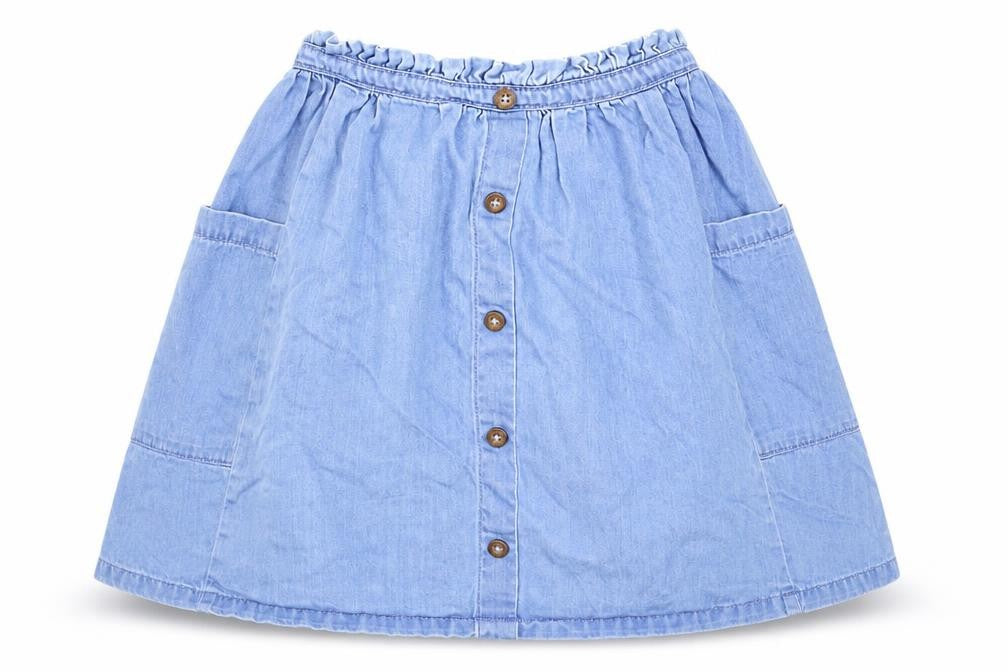 Front view of Next girls’ blue denim a-line skirt, size 5, years