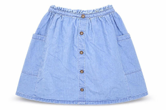 Front view of Next girls’ blue denim a-line skirt, size 5, years