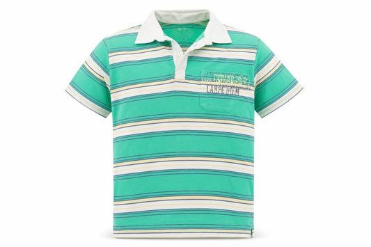 Front view of THUNDER men’s green striped polo, size L