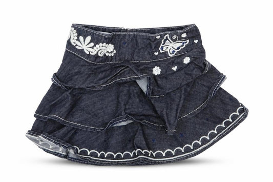 Front view of Autograph girls’ blue floral denim pleated skirt, size 12-18, months
