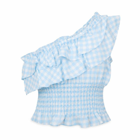 Front view of Boohoo women’s blue plaid basic blouse, size UK 14