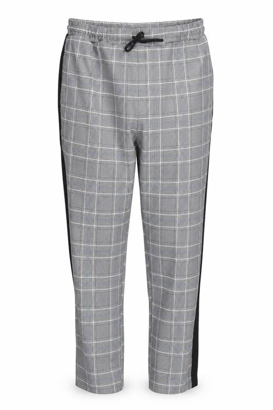 Front view of boohooMAN men’s grey check trousers, size M, 25-inch leg
