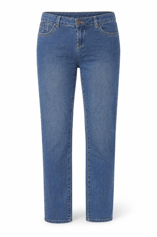 Front view of Pimkie women’s blue denim straight jeans, size UK 32, in, 31-inch leg