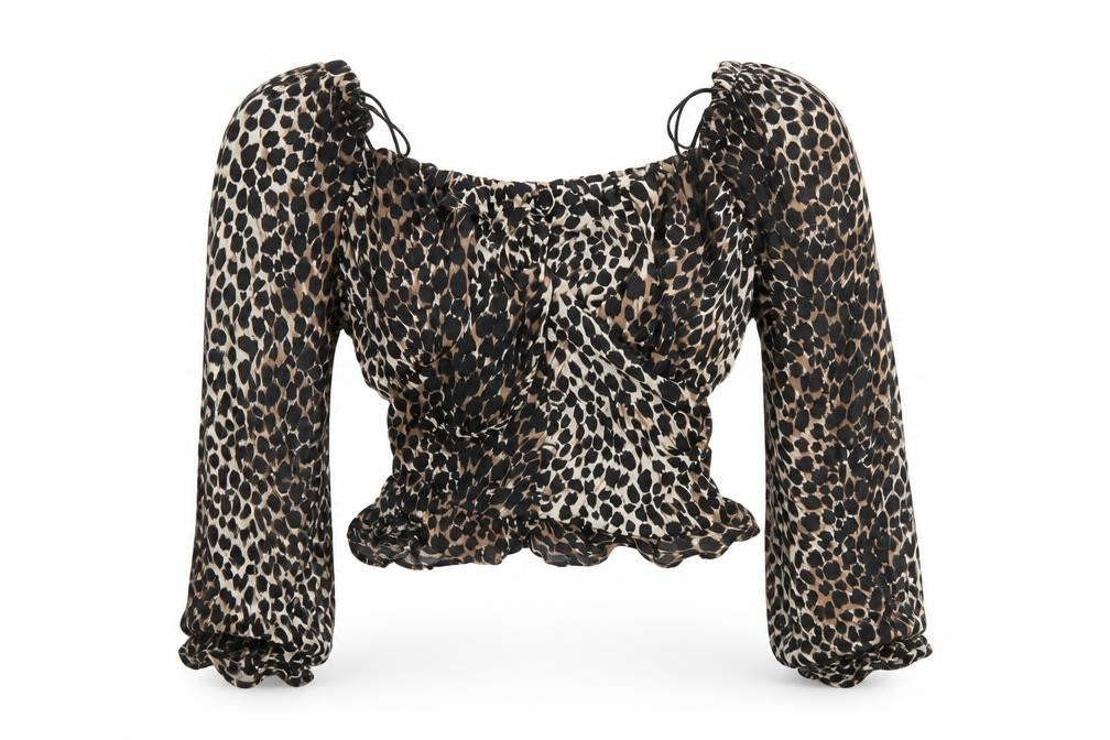 Front view of Topshop women’s brown animal print cropped blouse, size UK 4