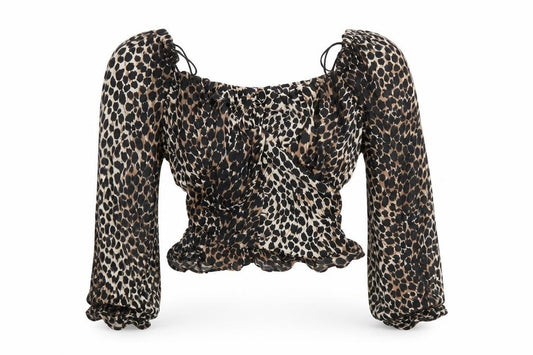 Front view of Topshop women’s brown animal print cropped blouse, size UK 4
