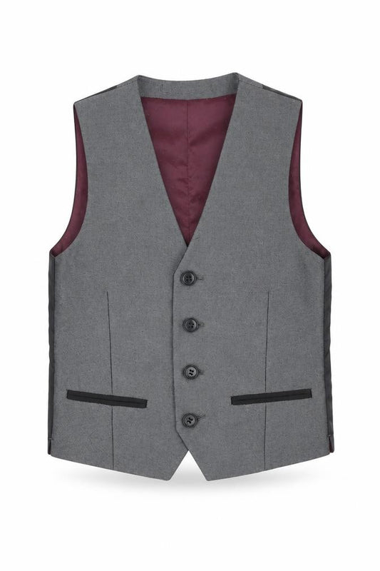 Front view of finest quality boys’ grey jacket waistcoat, size 5, years