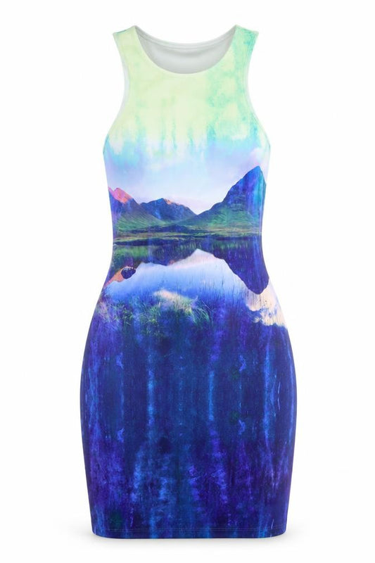 Front view of H&M women’s blue geometric tank dress, size UK 8