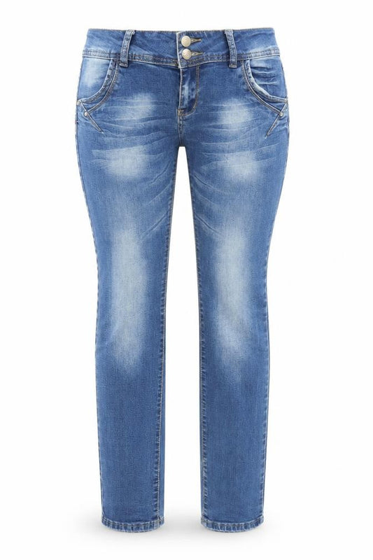 Front view of Yuzi women’s blue denim skinny jeans, size UK 29, in, 31-inch leg
