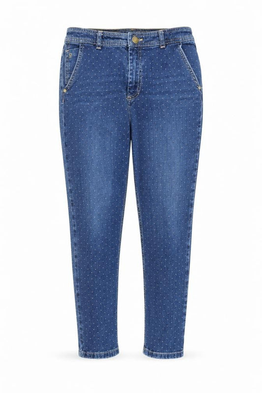 Front view of FC women’s blue denim skinny jeans, size UK 10, 25-inch leg - spotted