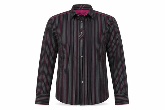 Front view of urbanspirit collection men’s purple striped button-up, size L
