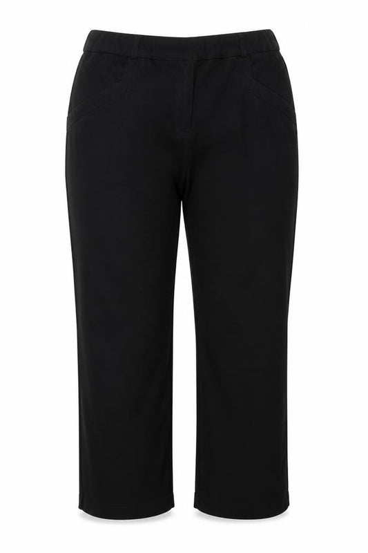 Front view of WOW women’s black trousers, size UK 14, 22-inch leg