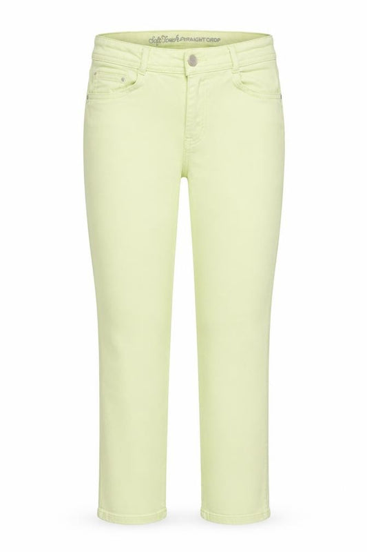 Front view of women’s green denim cropped jeans, size UK 28, in, 24-inch leg