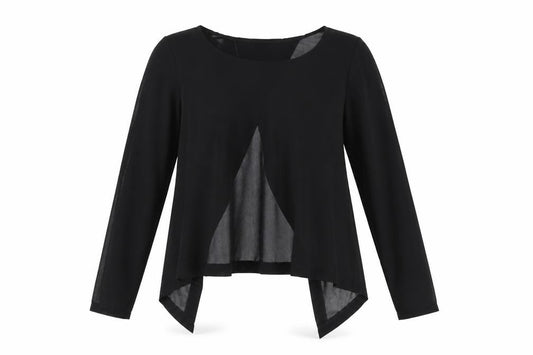 Front view of Preworn women’s black wrap blouse, size M