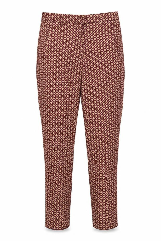 Front view of H&M women’s multicoloured geometric trousers, size UK 6, 28-inch leg