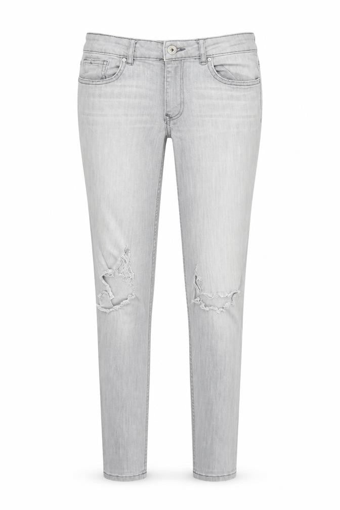 Front view of Divided women’s red denim tapered jeans, size UK 12, 27-inch leg