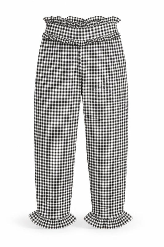 Front view of PRETTYLITTLETHING women’s black plaid trousers, size UK 8, 24-inch leg