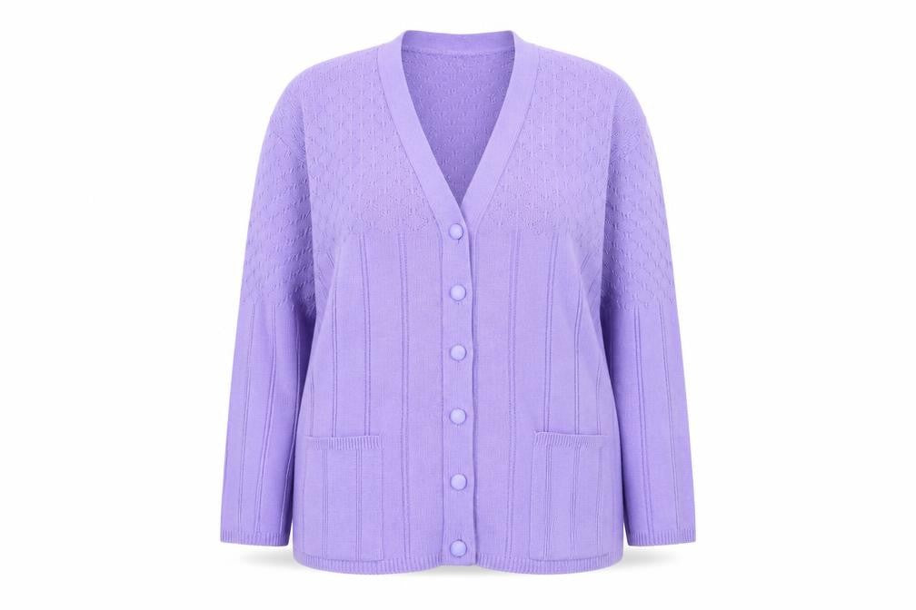 Front view of Capers women’s purple knit jacket coatigan, size 2XL