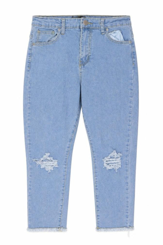 Front view of I SAW IT FIRST women’s black denim cropped jeans, size UK 12, 27-inch leg - frayed hem