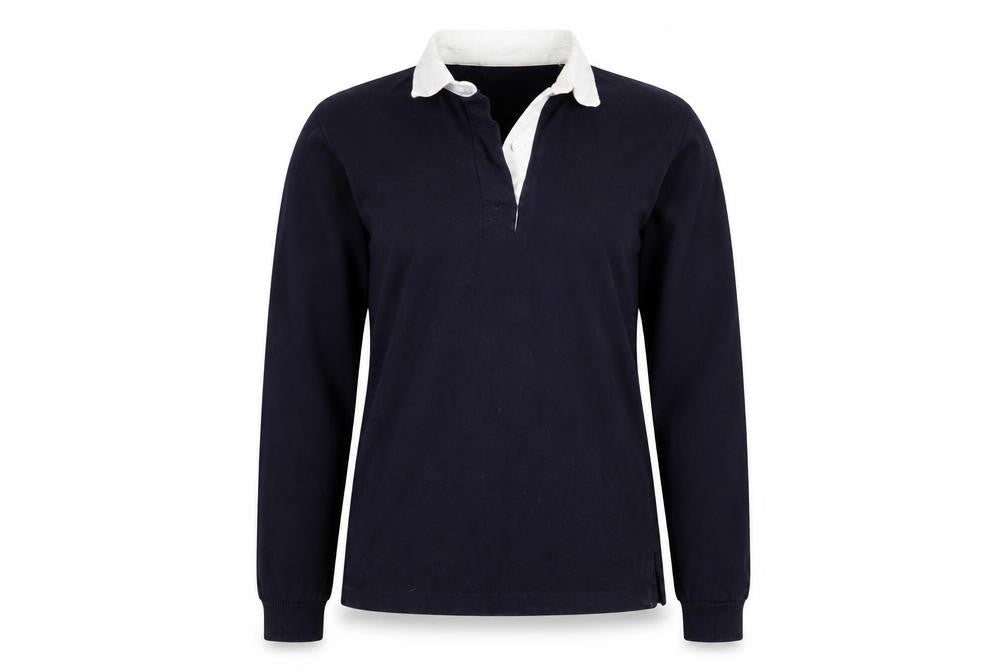 Front view of Front Row women’s blue basic polo, size M, - horses forever boys whatever