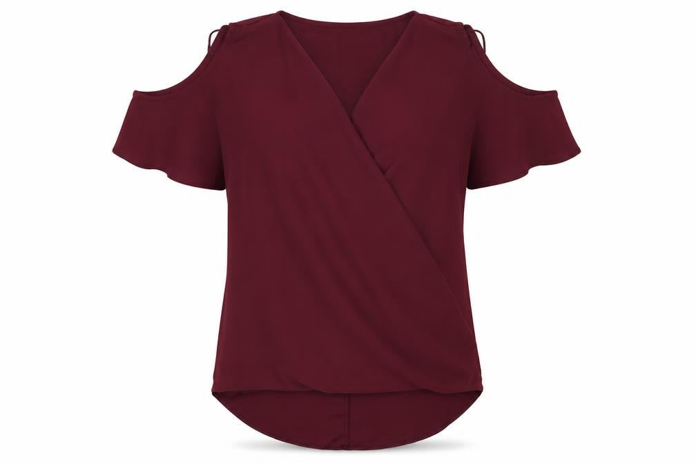 Front view of Papaya women’s red tunic blouse, size UK 10, - cold shoulder