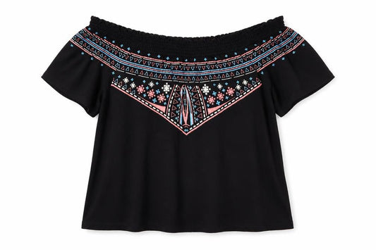 Front view of Primark women’s black geometric jersey basic blouse, size UK 8