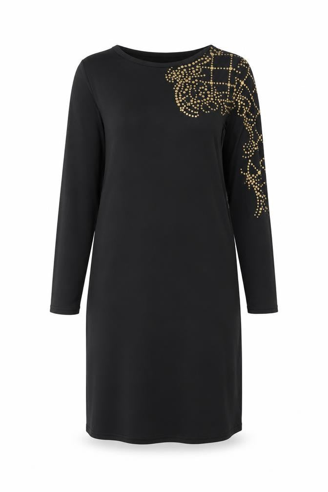 Front view of DiCloud women’s black shift, size M, - sleeve detail