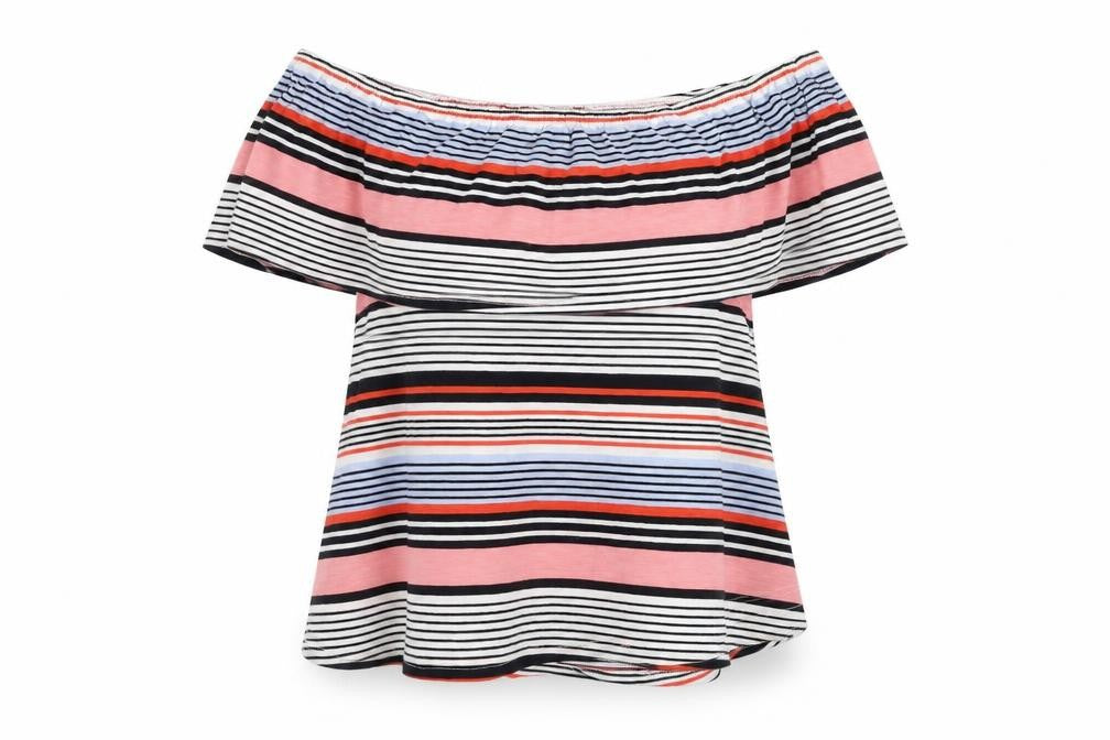 Front view of New Look women’s multicoloured striped basic blouse, size UK 10