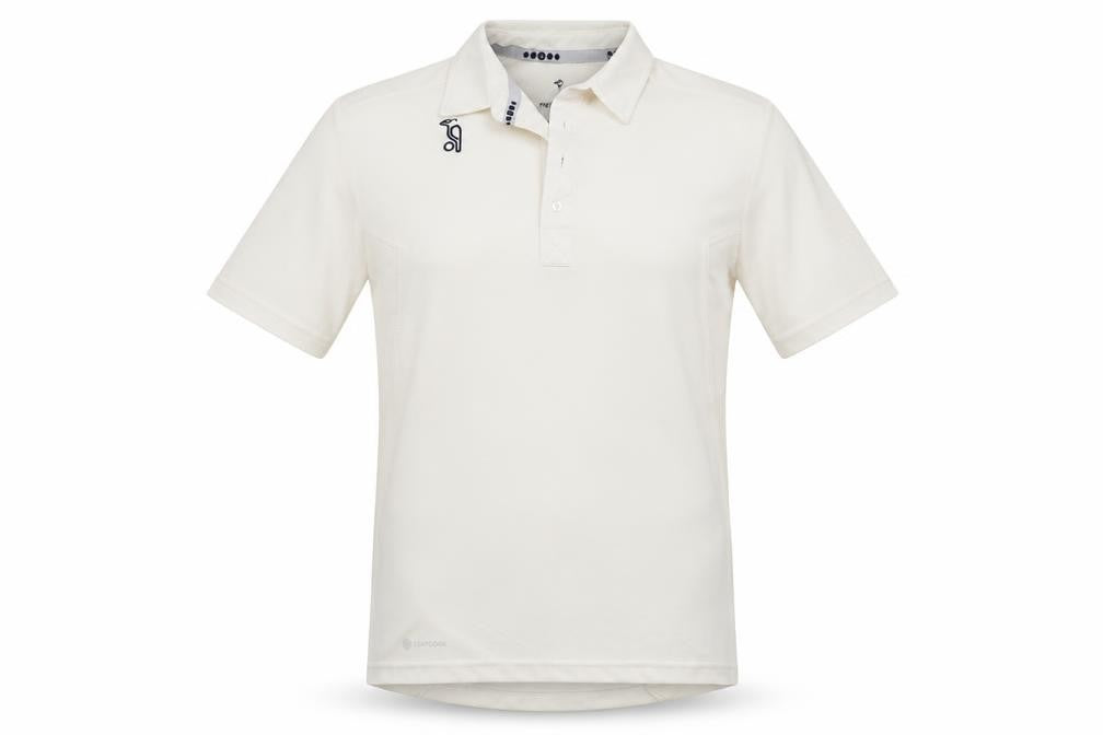 Front view of kookaburra men’s ivory polo, size S