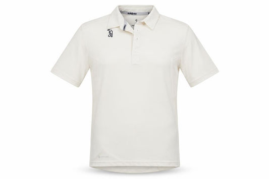 Front view of kookaburra men’s ivory polo, size S