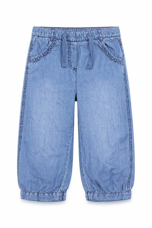 Front view of kihawo girls’ blue denim cropped trousers, size 9, months