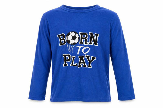 Front view of PJ Collections boys’ blue geometric pyjama top, size 9-10, years - football