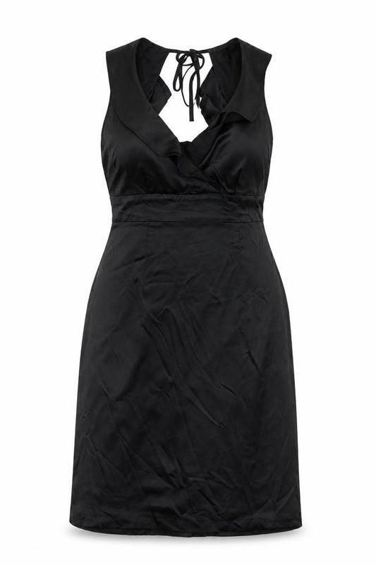 Front view of Debenhams women’s black a-line, size UK 12, - frill detail