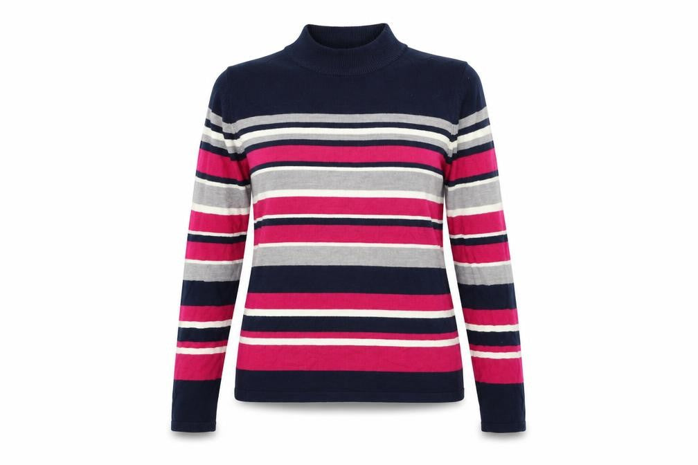 Front view of Bonmarché women’s blue striped jumper, size S
