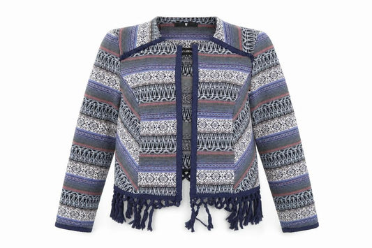 Front view of Very women’s blue geometric jacket, size UK 16