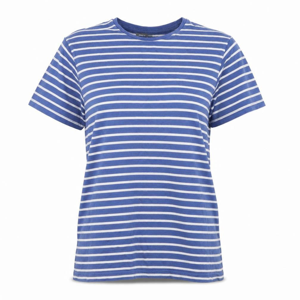 Front view of Cedarwood State women’s blue striped basic t-shirt, size M