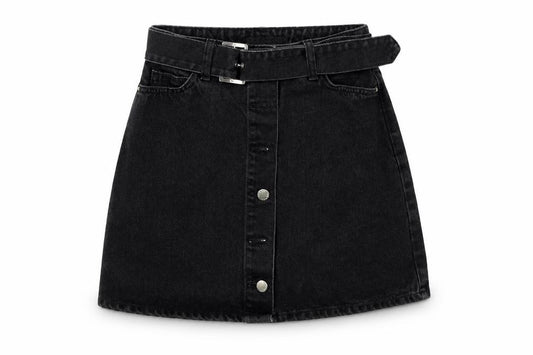 Front view of Denim & Co. women’s black flare skirt, size UK 8