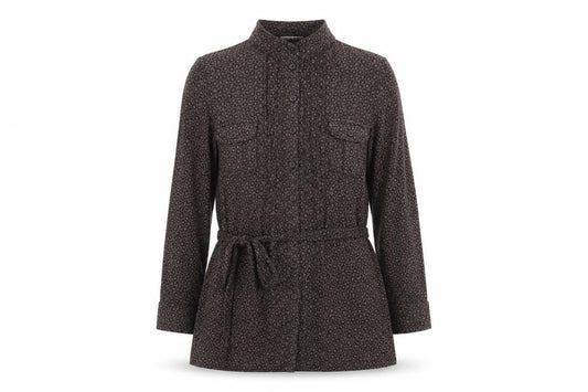 Front view of George women’s brown polka dot jersey basic button-up, size UK 8