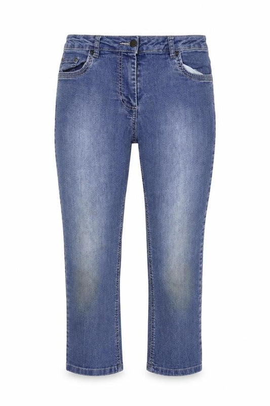 Front view of women’s blue denim cropped jeans, size UK 30, in, 22-inch leg