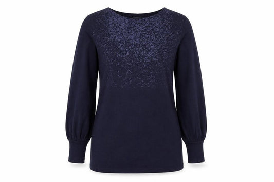 Front view of Marks & Spencer women’s blue geometric pullover sweatshirt, size UK 10