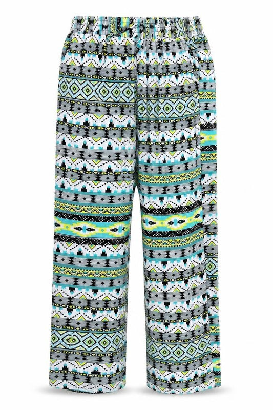 Front view of Preworn women’s blue geometric trousers, size XL, 27-inch leg