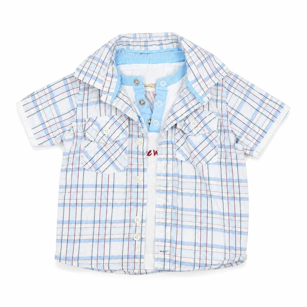 Front view of SURFARI boys’ blue check jumper, size 6-9, months
